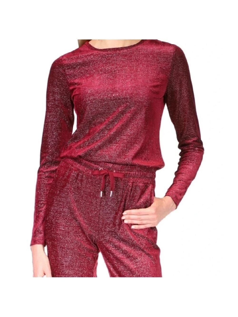 Michael Kors Women's Velvet Shimmery Long Sleeve Top in Red Burgundy Size XL